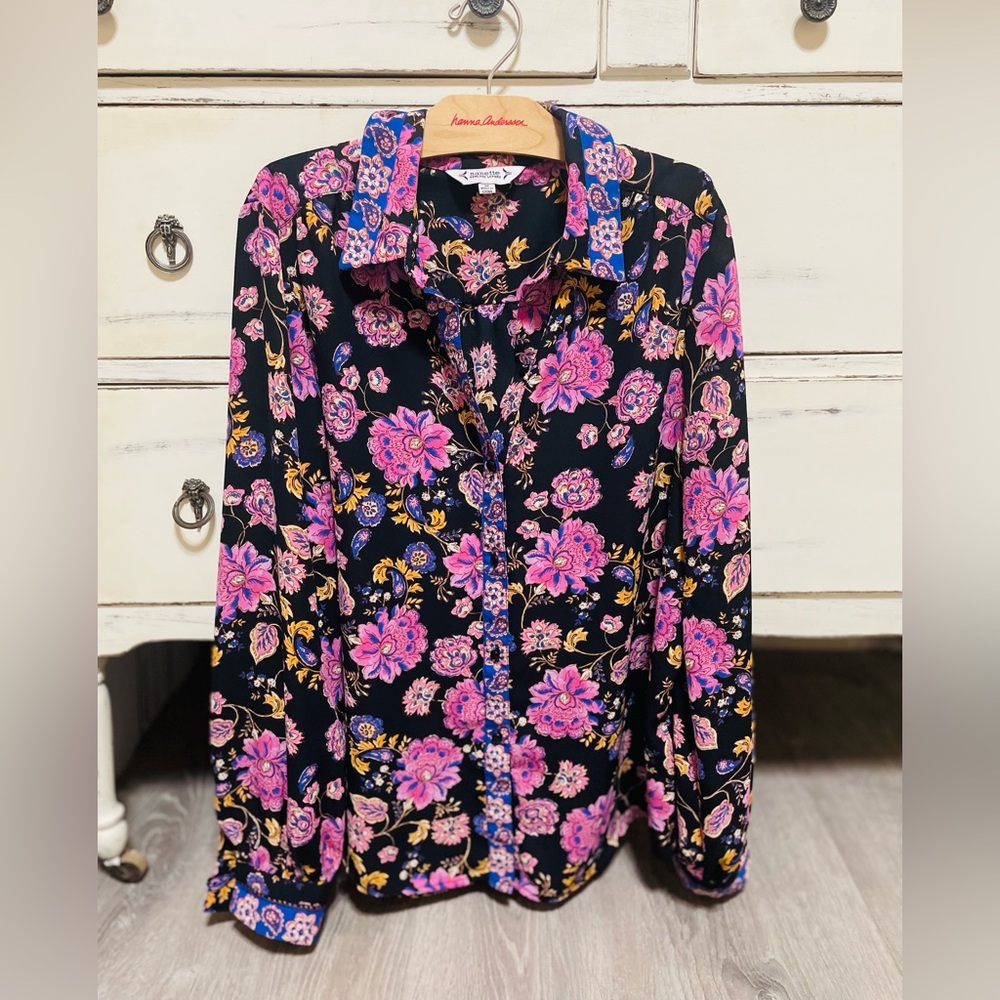 Sale!! Nanette Lepore Black Floral Button-Down Shirt